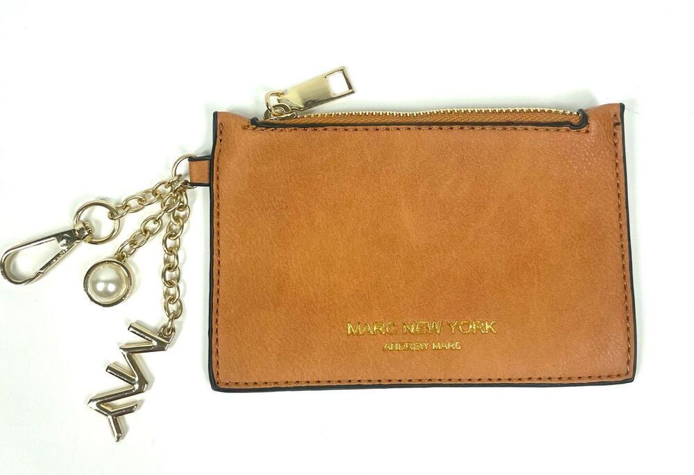 Marc New York Camel Brown Pebbled Leather Keychain Charm Zip Pouch Card Wallet